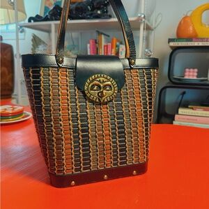 Black and Brown Geometric Tote with Antique Gold Emblem